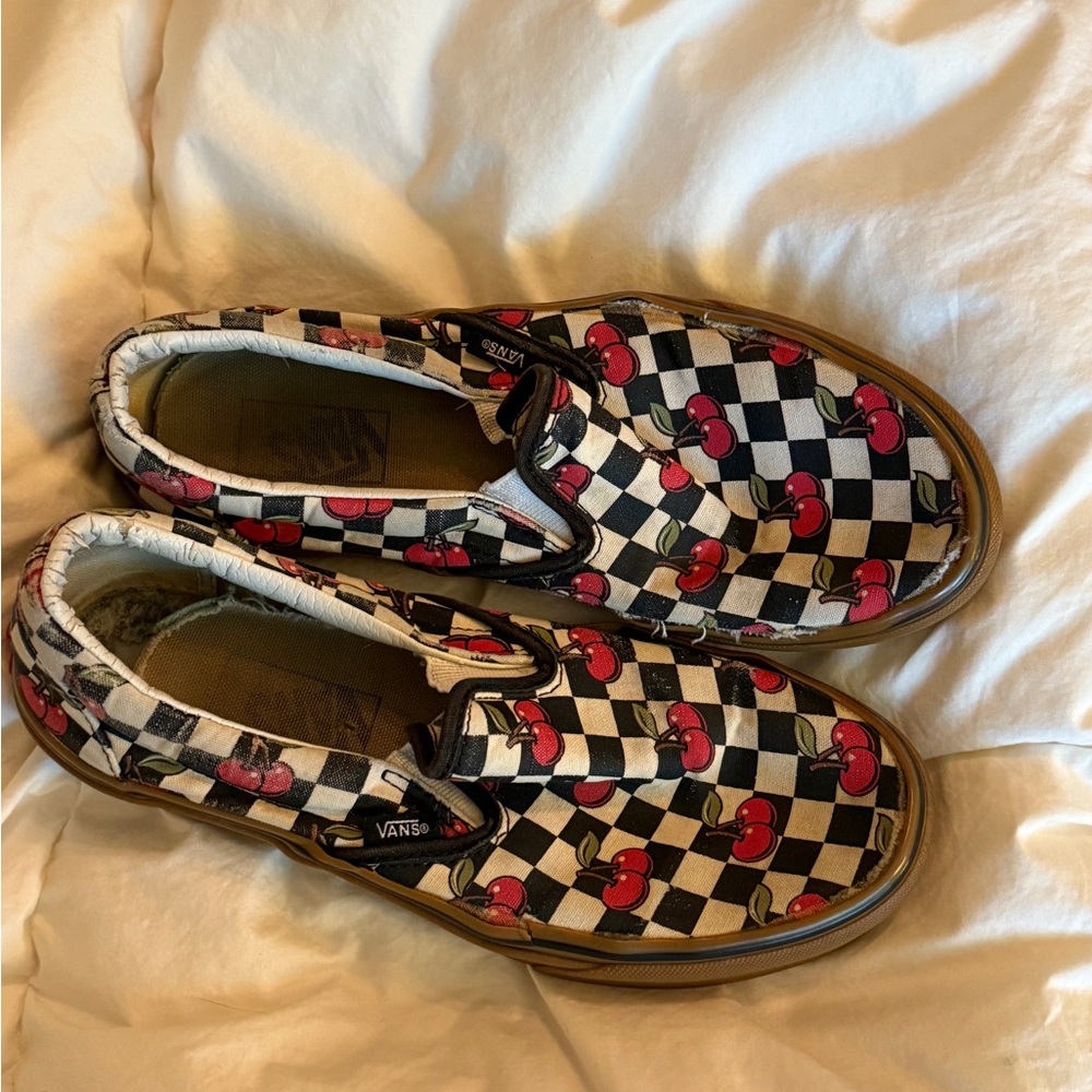 Vans Cherry Checkerboard Slip-On Sneakers - Black and Red